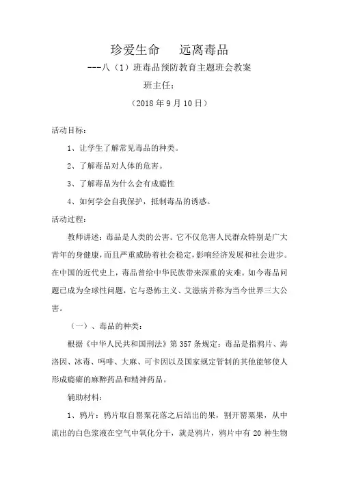 禁毒教育主题班会教案 3