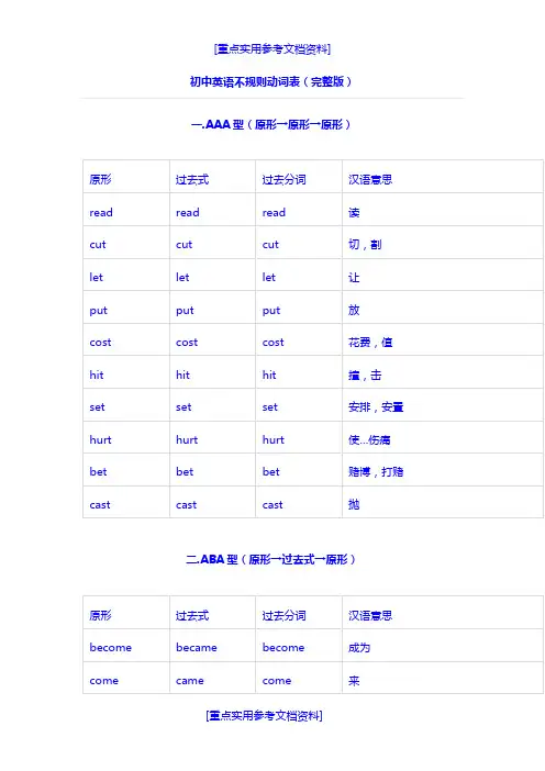 [参考实用]初中英语不规则动词表(完整版)