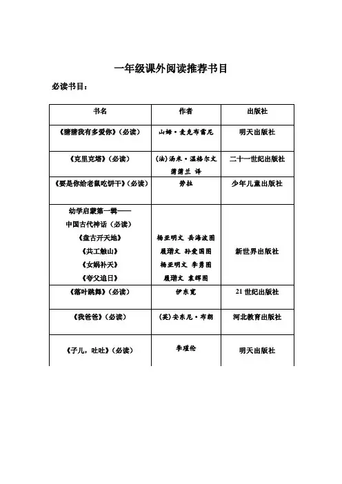 小学一年级课外阅读必读书目及选读书目