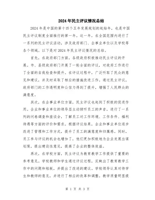 2024年民主评议情况总结