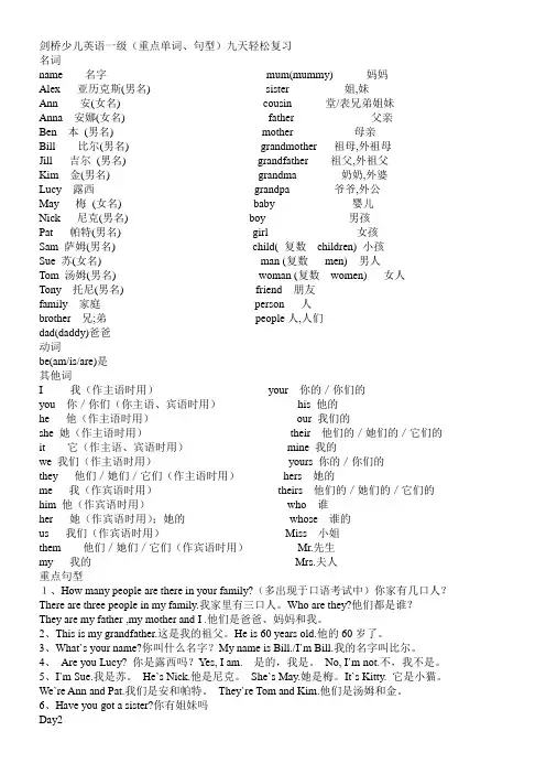 剑桥少儿英语一级(重点单词与句型)