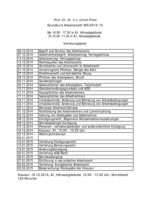 Vorlesungsplan GK Arbeitsrecht 2014-2015