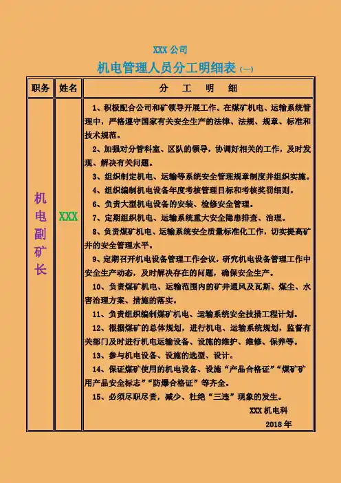 机电管理人员分工明细表