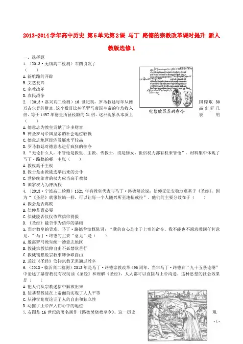 2013-2014学年高中历史 第5单元第2课 马丁 路德的宗教改革课时提升 新人教版选修1