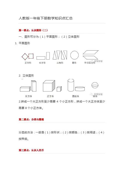 新人教版数学一年级下册人教版一年级下册数学知识点汇总