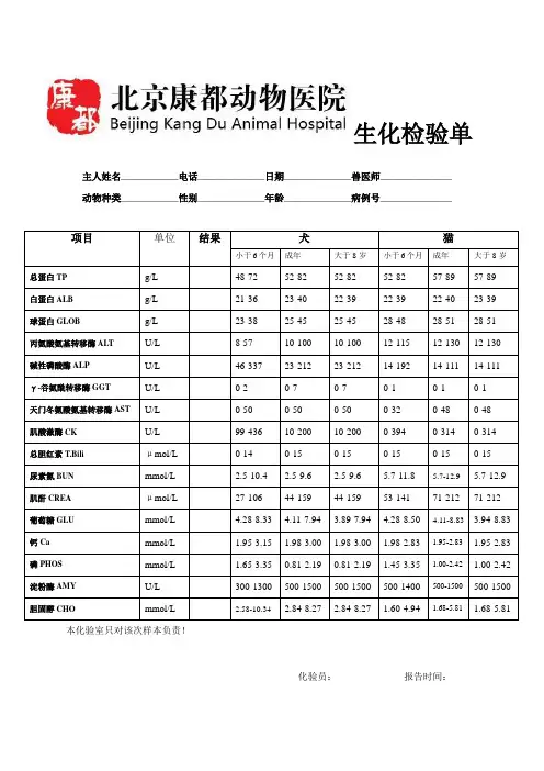 康都动物医院生化检验单