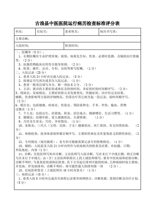 运行病历检查标准评分表临床组