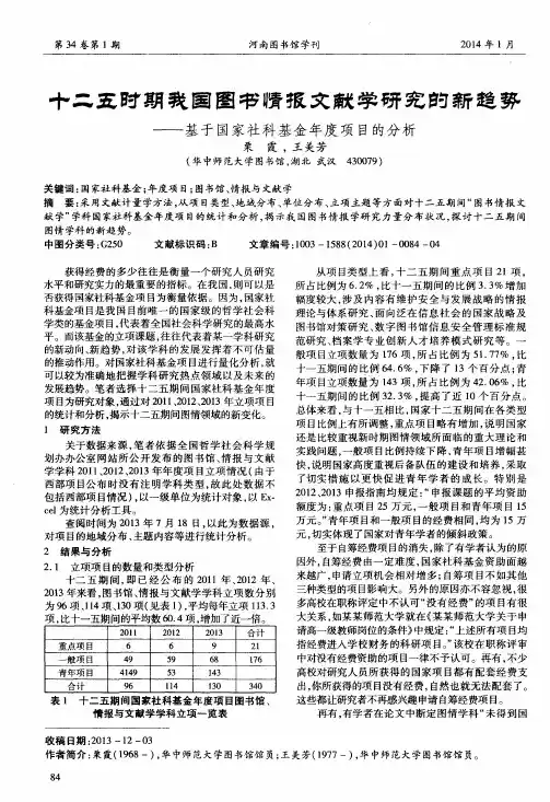 十二五时期我国图书情报文献学研究的新趋势--基于国家社科基金年度项目的分析
