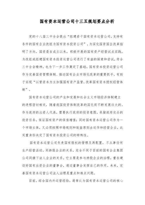 国有资本运营公司十三五规划要点分析