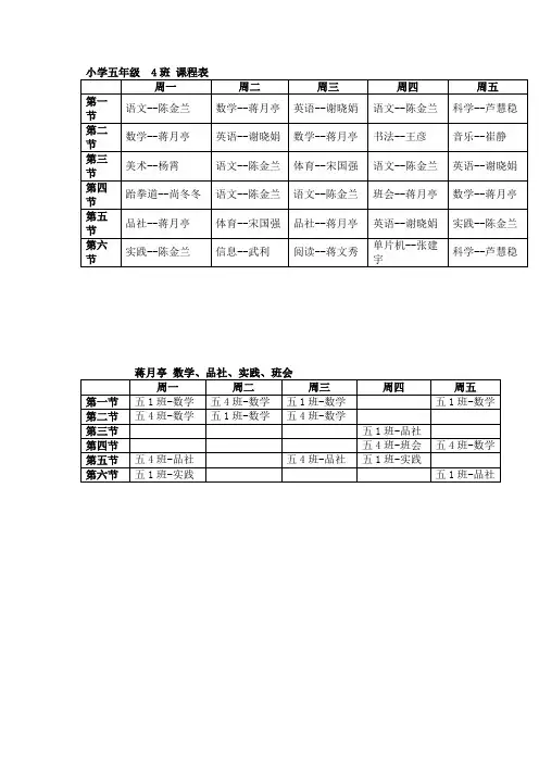 小学五年级  4班 课程表