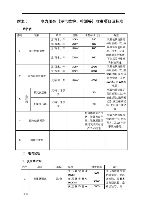 电力服务收费标准附表