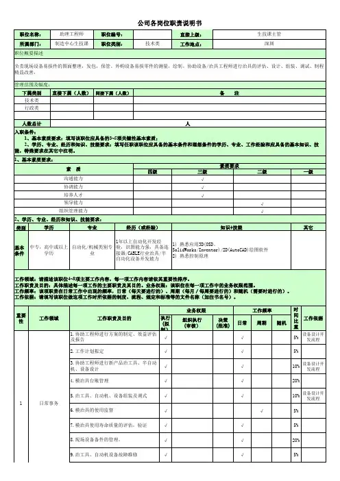 生技助理工程师岗位职责说明书