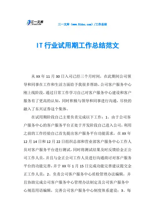 IT行业试用期工作总结范文