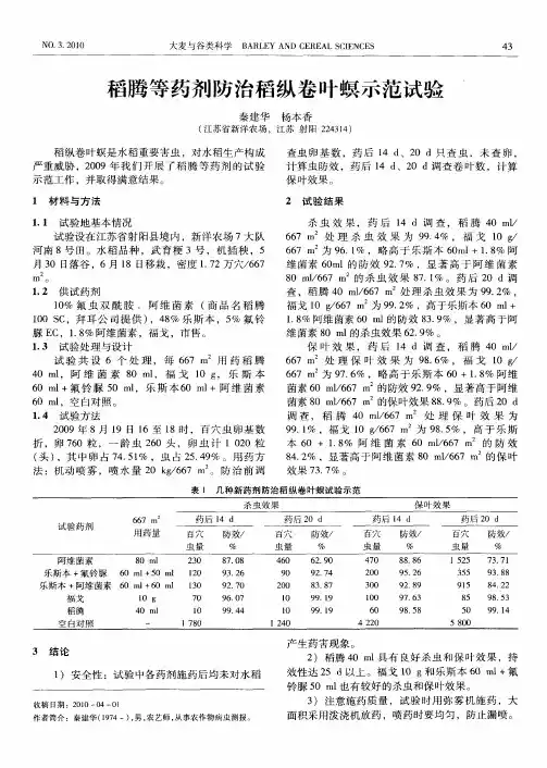 稻腾等药剂防治稻纵卷叶螟示范试验