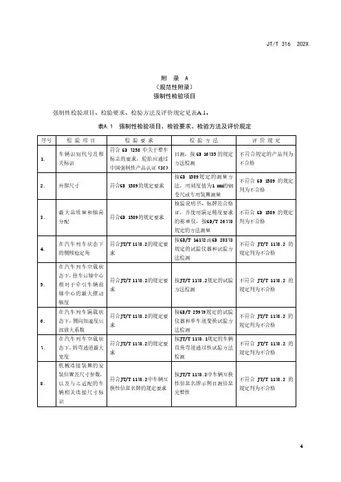 货运挂车强制性检验项目、整车技术参数与基本性能、装配调整与外观质量、主要总成