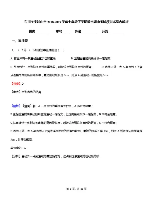 东川乡实验中学2018-2019学年七年级下学期数学期中考试模拟试卷含解析
