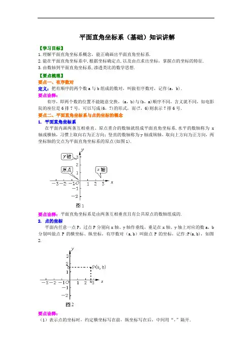 沪教版七年级下15.1 平面直角坐标系(基础)知识讲解 讲义