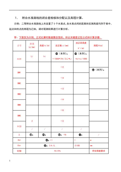附合水准路线的闭合差检核和分配以及高程计算