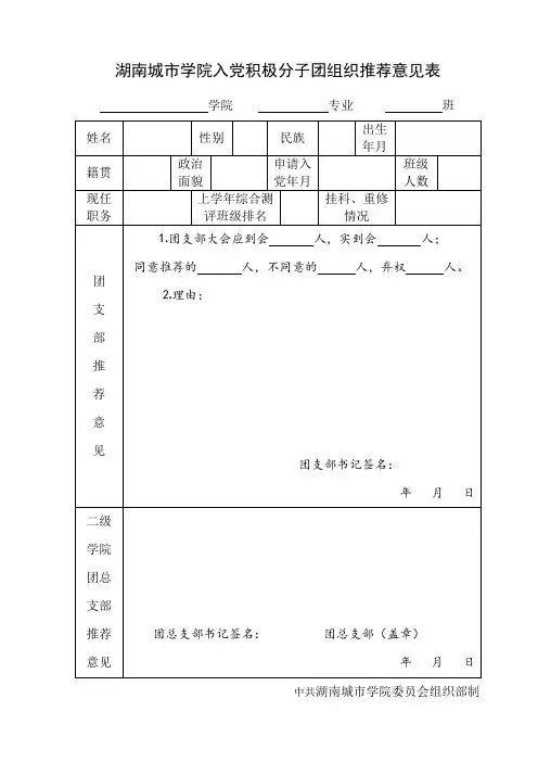 入党积极分子团组织推荐意见表