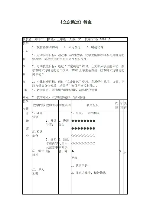 五年级体育立定跳远教案(可编辑修改word版)