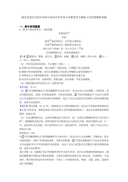 湖北省武汉市部分市级示范高中高考语文诗歌鉴赏专题练习及答案模拟试题