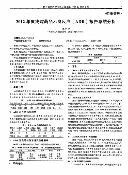 2012年度我院药品不良反应(ADR)报告总结分析
