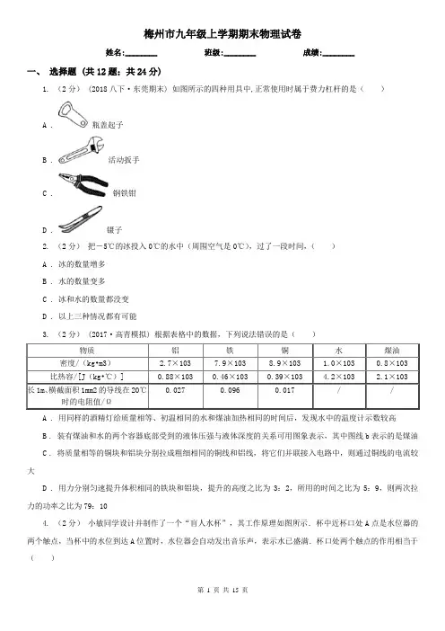 梅州市九年级上学期期末物理试卷