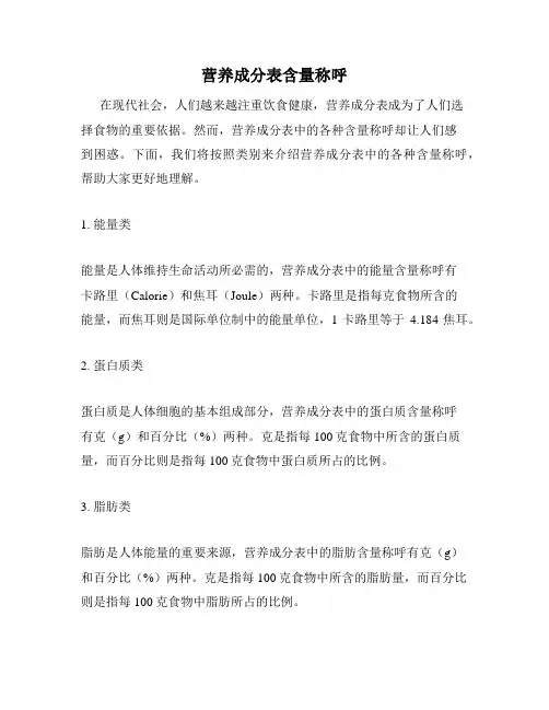 营养成分表含量称呼
