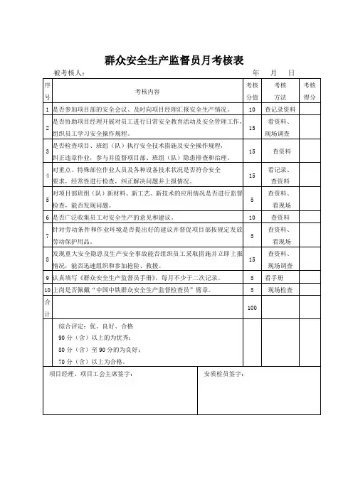 群众安全生产监督员月考核表