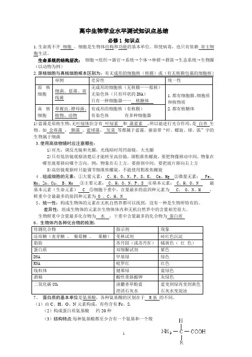 高中生物学必修知识点总结