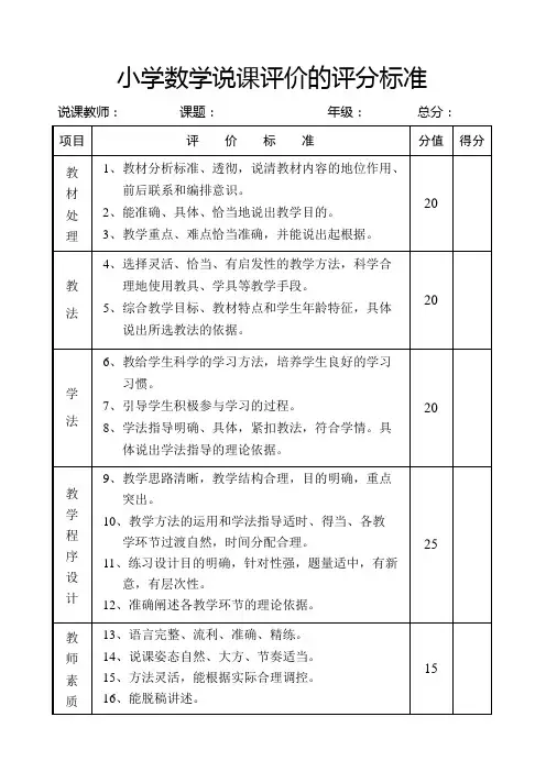 小学数学说课评价的评分标准