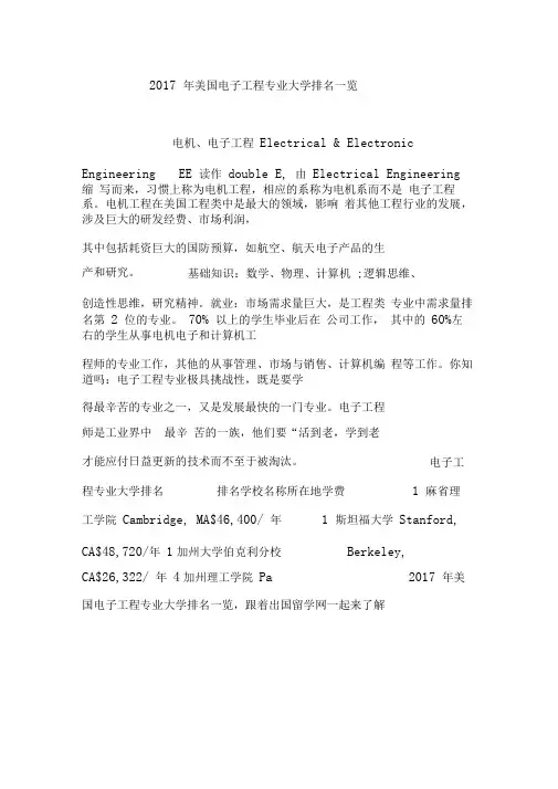 2017年美国电子工程专业大学排名一览