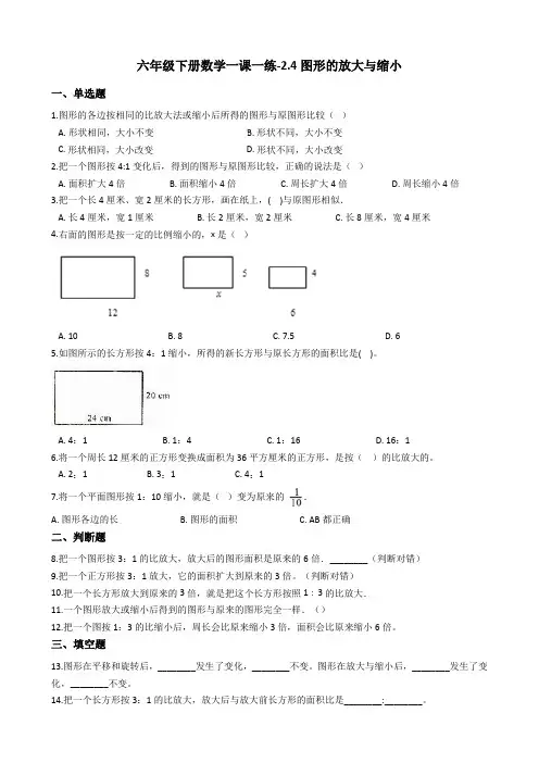 六年级下册数学一课一练-2.4图形的放大与缩小 北师大版(2014秋)(含答案)