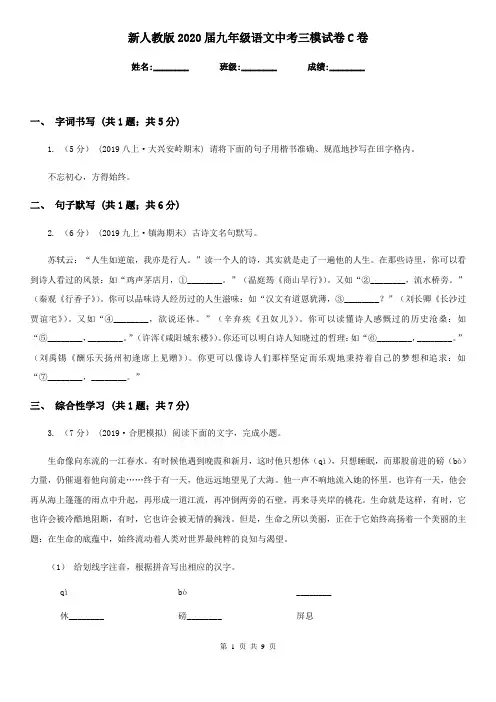 新人教版2020届九年级语文中考三模试卷C卷