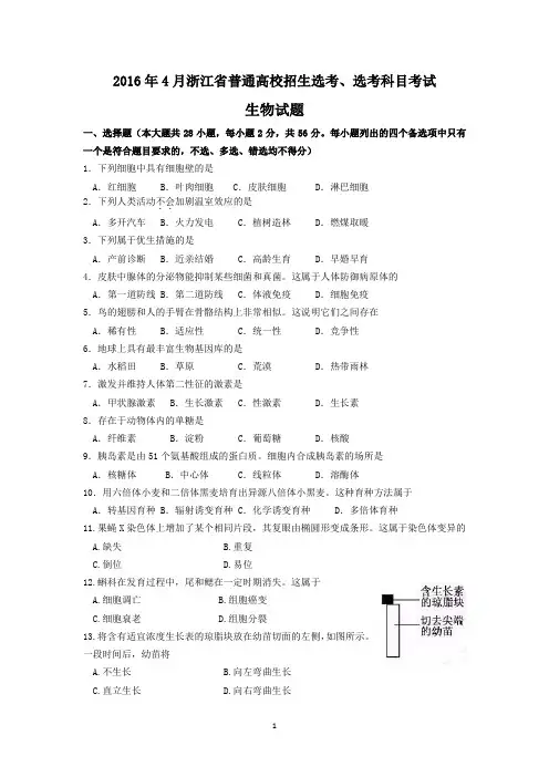 2016年4月浙江省普通高校招生选考、选考科目考试生物试卷 3