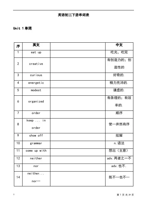 苏教版初三上册英语单词表