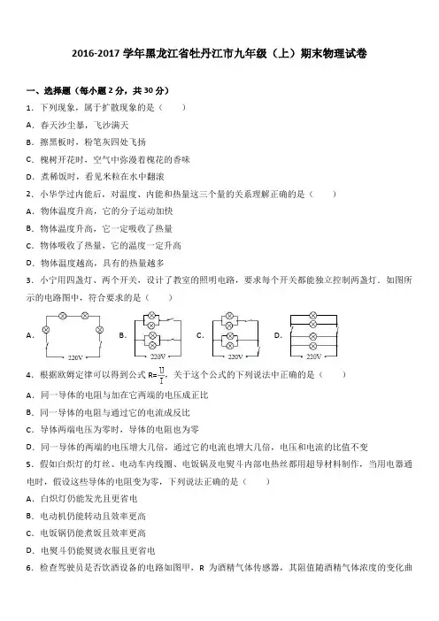 黑龙江省牡丹江市2017届九年级(上)期末物理试卷(解析版)