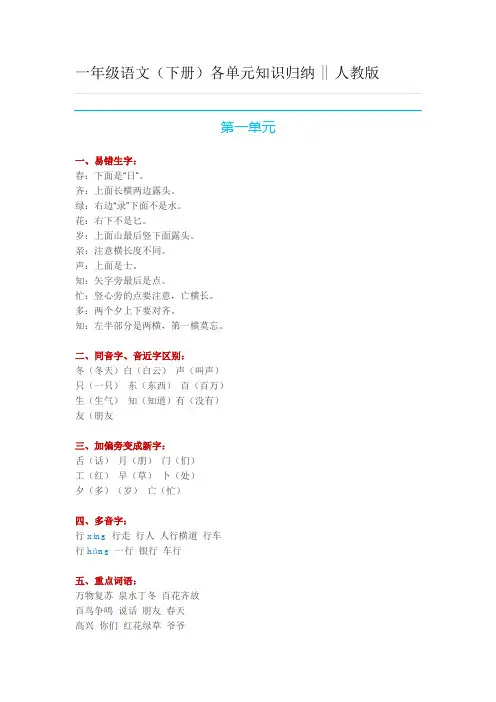 (人教版)一年级语文(下册)各单元知识归纳  人教版