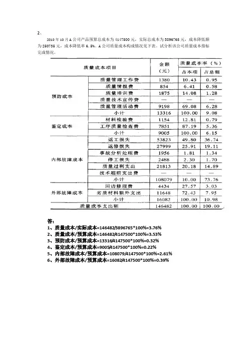 2012 中央电大形成性考核成本管理第四次作业4-2计算题